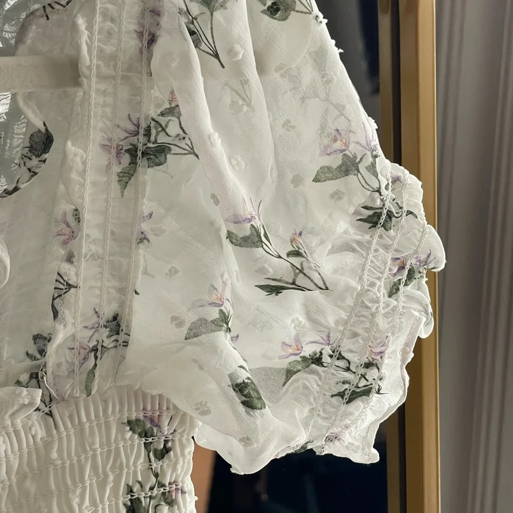 O.P.T. NWT Tiered Cypress White Floral Puff Sleeve Midi Dress - Picture 2 of 13